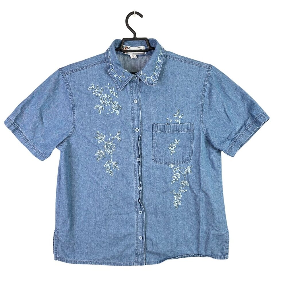 Womens Passion-I Floral Embroidered Blue Denim Shirt Short Sleeve Button Up 1X